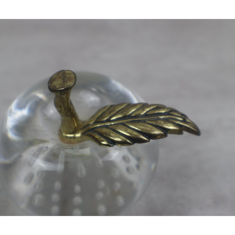 R.O.C. Hand Blown Art Glass Clear Bullicante Apple Paperweight with Brass Stem - Picture 3 of 6